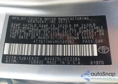 2021 Toyota Camry Se from USA, damaged, VIN 4T1G11AK4MU586262